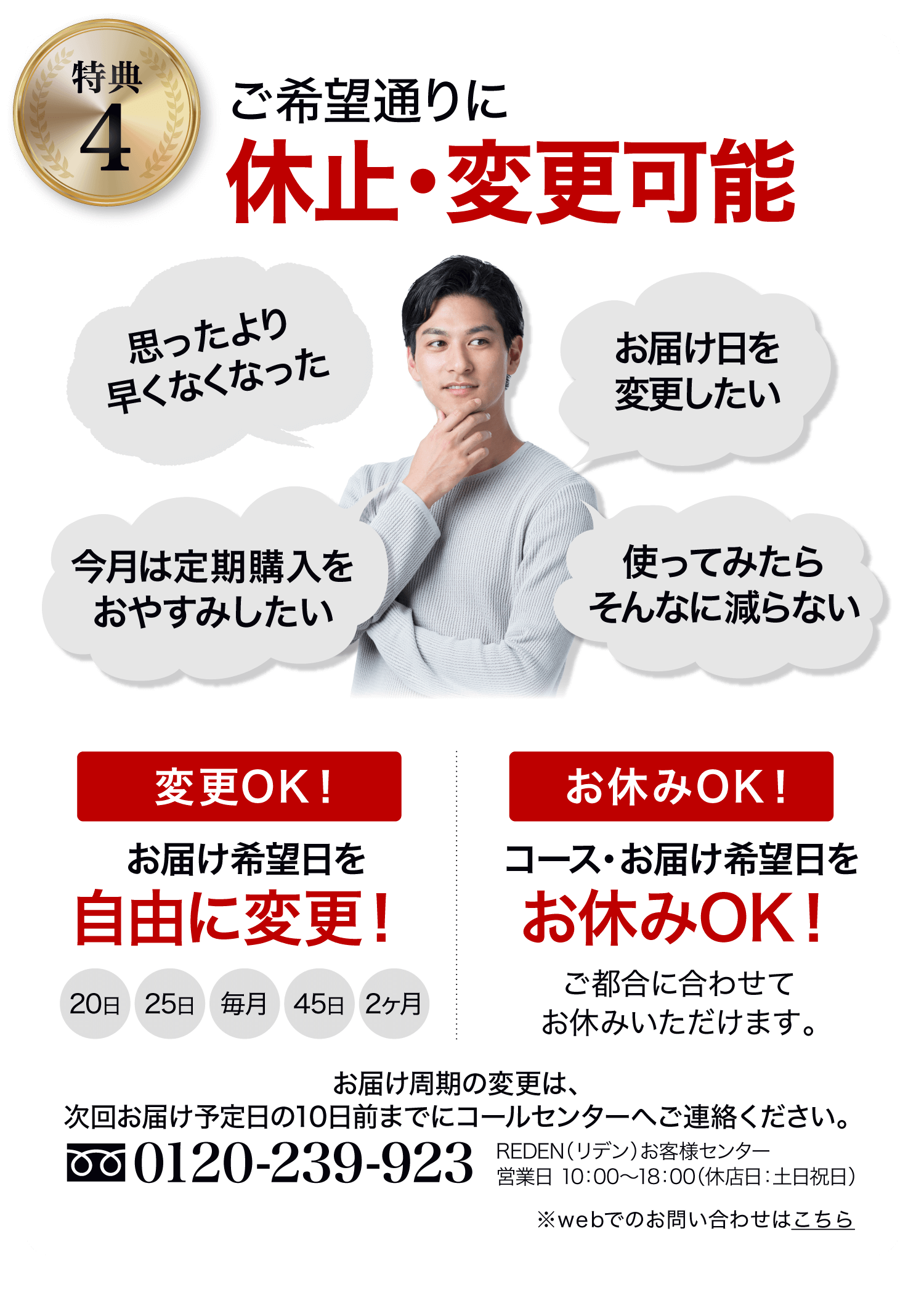 特典４いつでも解約、休止変更可能